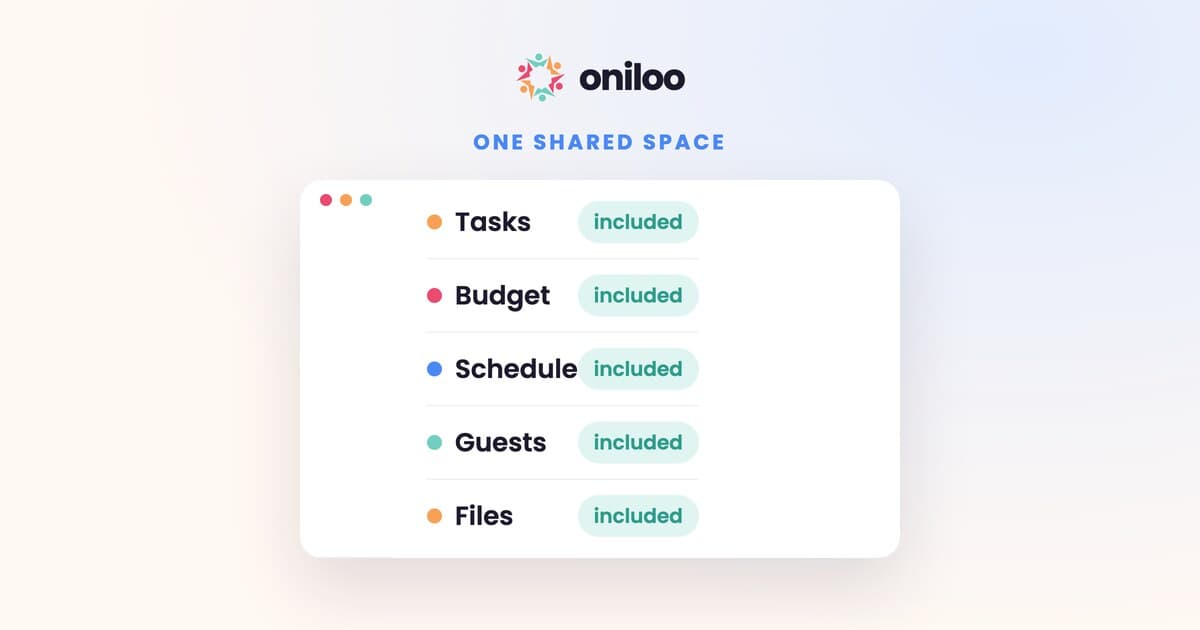 One shared Oniloo workspace: tasks, budget, schedule, guests and files