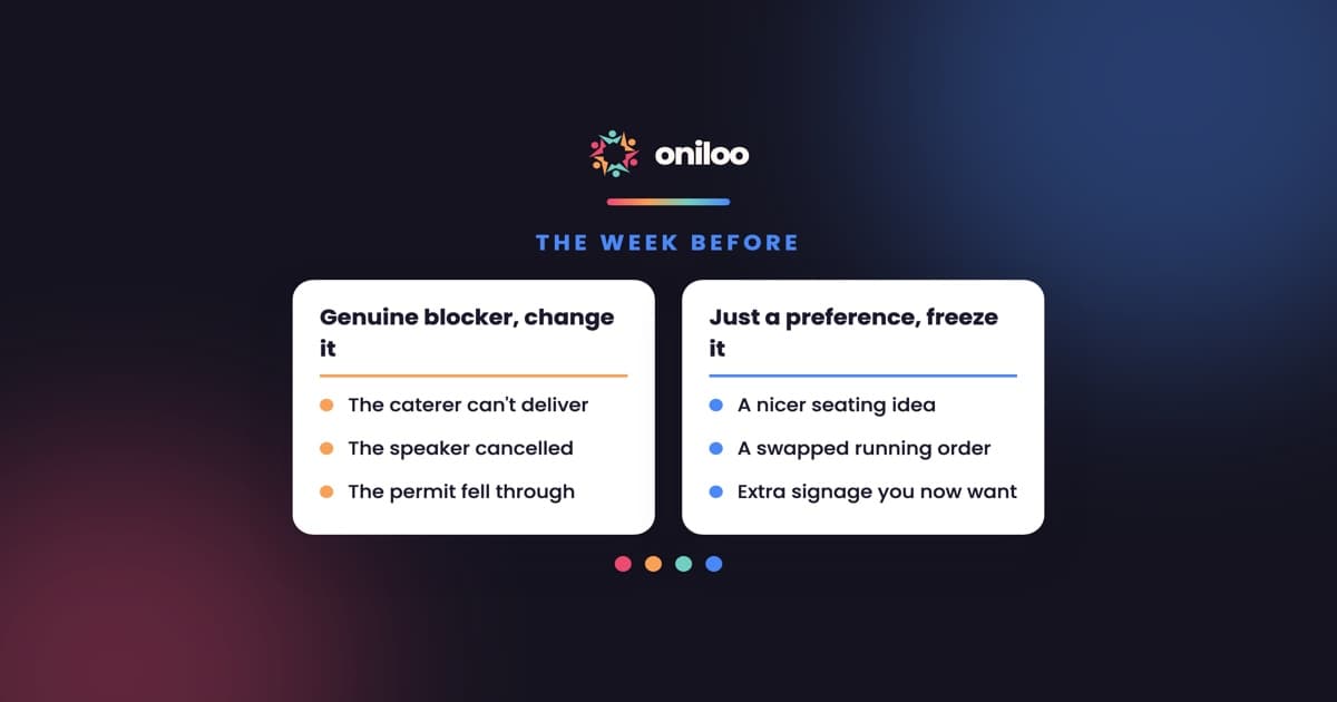 Comparison card for the week before an event: a genuine blocker means change it; just a preference means freeze it